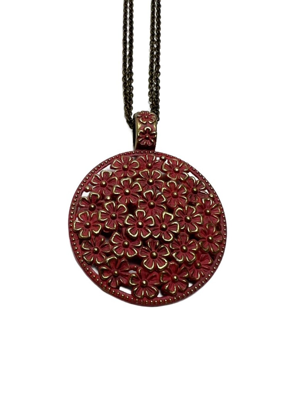 Boho Chic Bronze Red Orange Patina Flower Cluster Statement Necklace